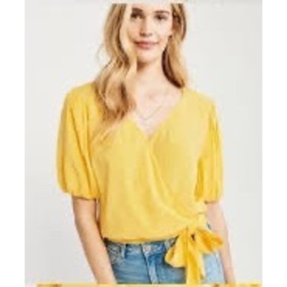 Abercrombie & Fitch Yellow Puff Sleeve Wrap Top V-Neck Side Tie Blouse XXS NEW